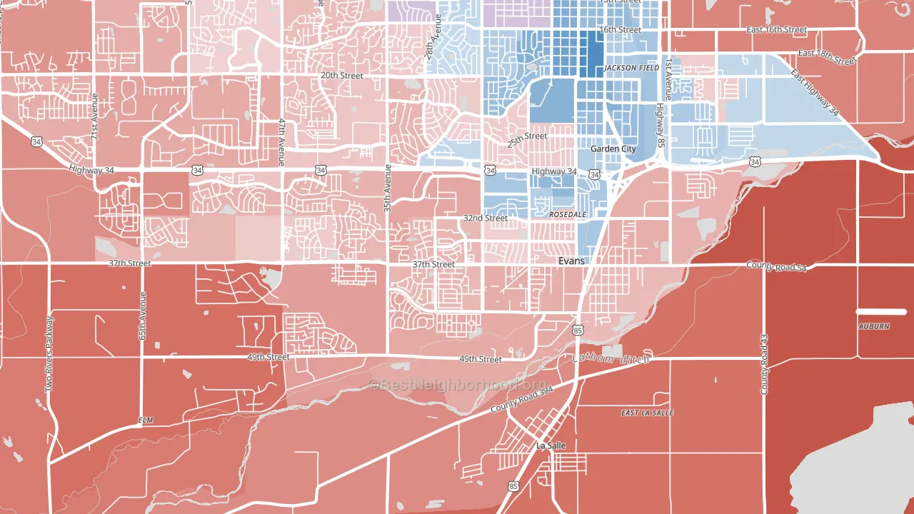 Evans, CO block-group political-lean map