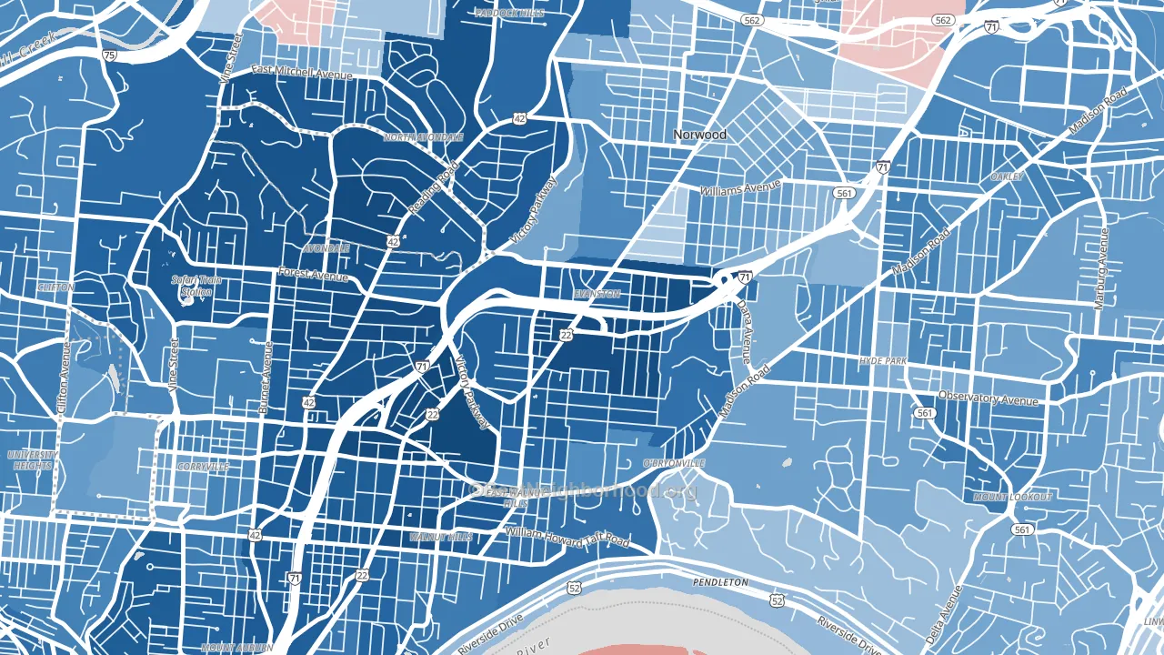 Evanston, Cincinnati, OH block-group political-lean map