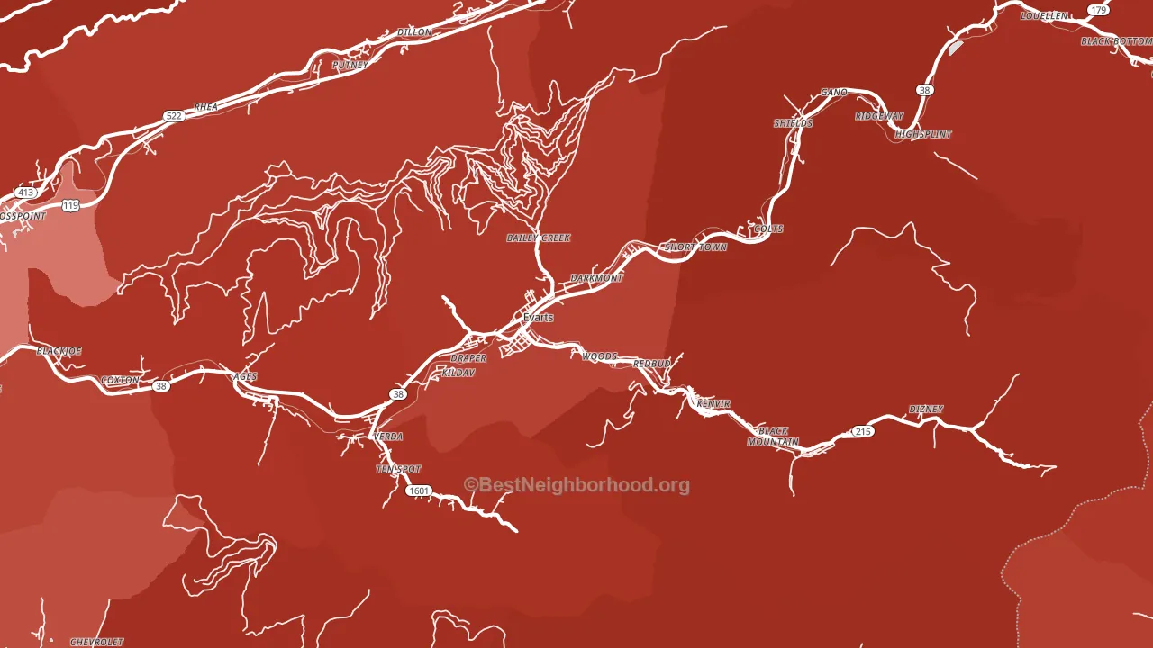Evarts, KY block-group political-lean map