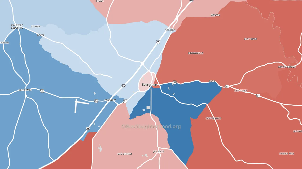 Evergreen, AL block-group political-lean map