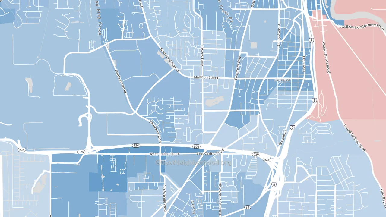 Evergreen, Everett, WA block-group political-lean map