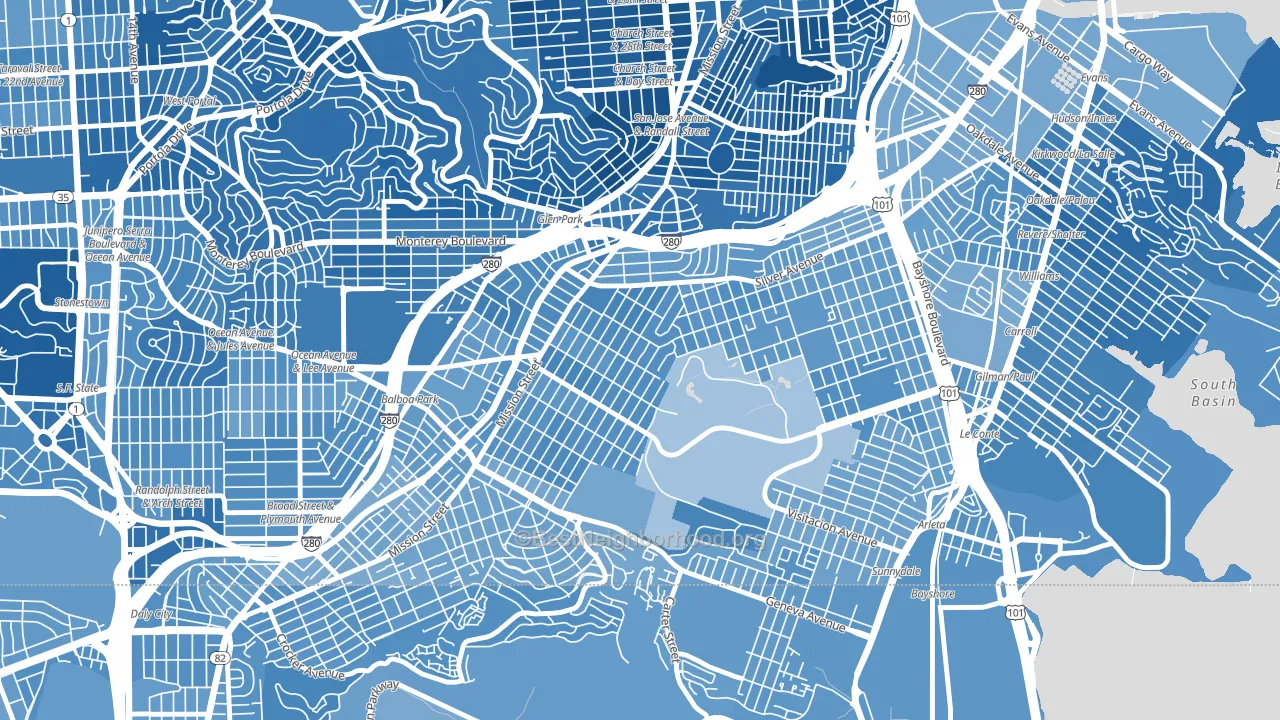 Excelsior, San Francisco, CA block-group political-lean map