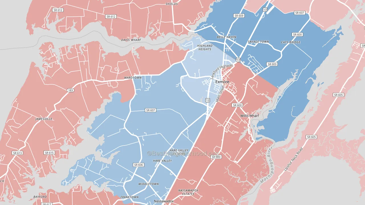 Exmore, VA block-group political-lean map