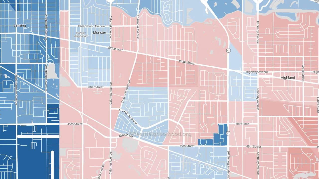 Fairmeadow, Munster, IN block-group political-lean map