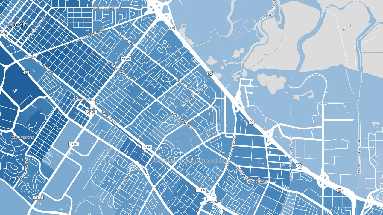Fairmeadow, Palo Alto, CA block-group political-lean map