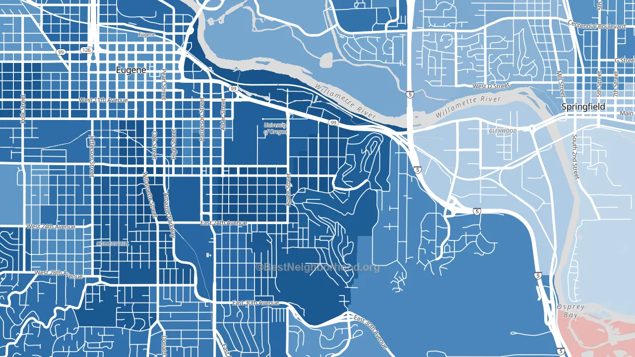 Fairmount, Eugene, OR block-group political-lean map