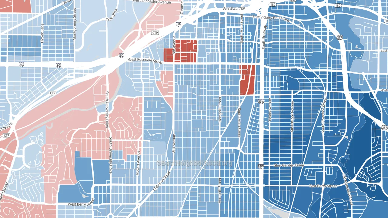 Fairmount, Fort Worth, TX block-group political-lean map