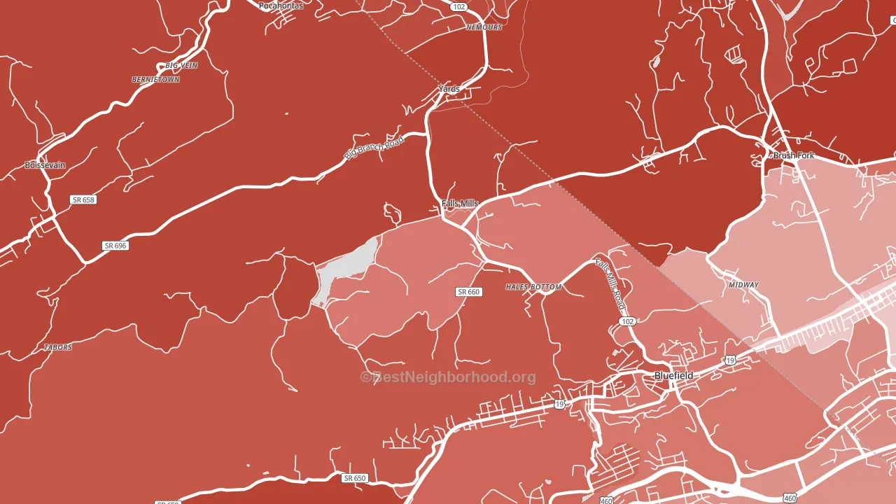 Falls Mills, VA block-group political-lean map