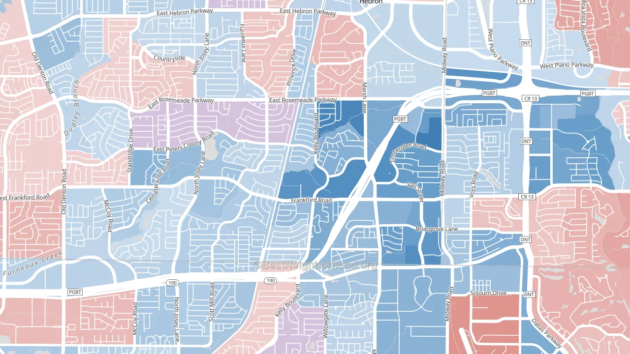 Far North Dallas-Carrollton, Carrollton, TX block-group political-lean map