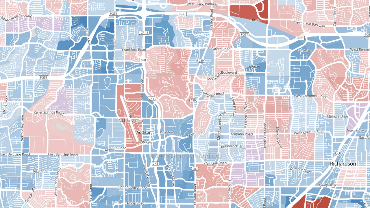 Far North Dallas, Dallas, TX block-group political-lean map