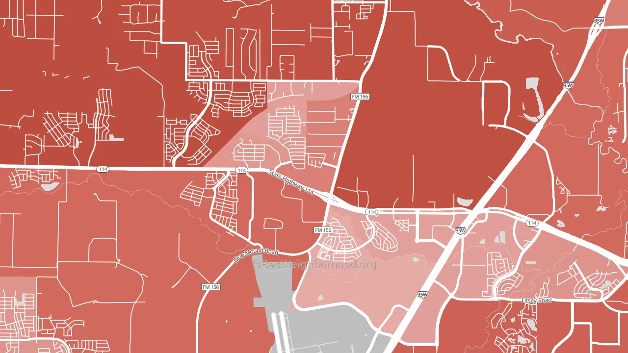 Far North Dallas-Justin, Justin, TX block-group political-lean map