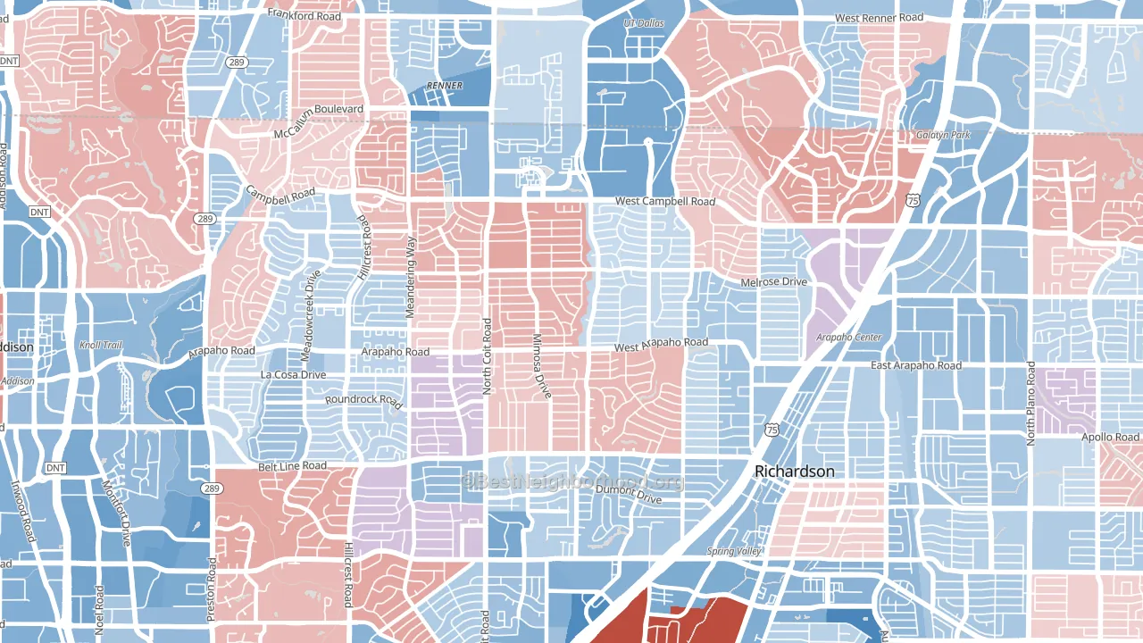 Far North Dallas-Richardson, Richardson, TX block-group political-lean map