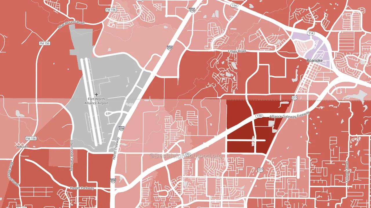 Far North Dallas-Roanoke, Roanoke, TX block-group political-lean map