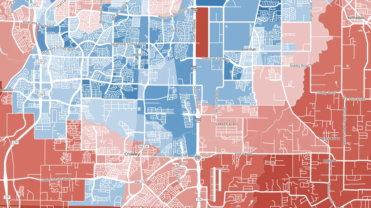 Far South, Fort Worth, TX block-group political-lean map