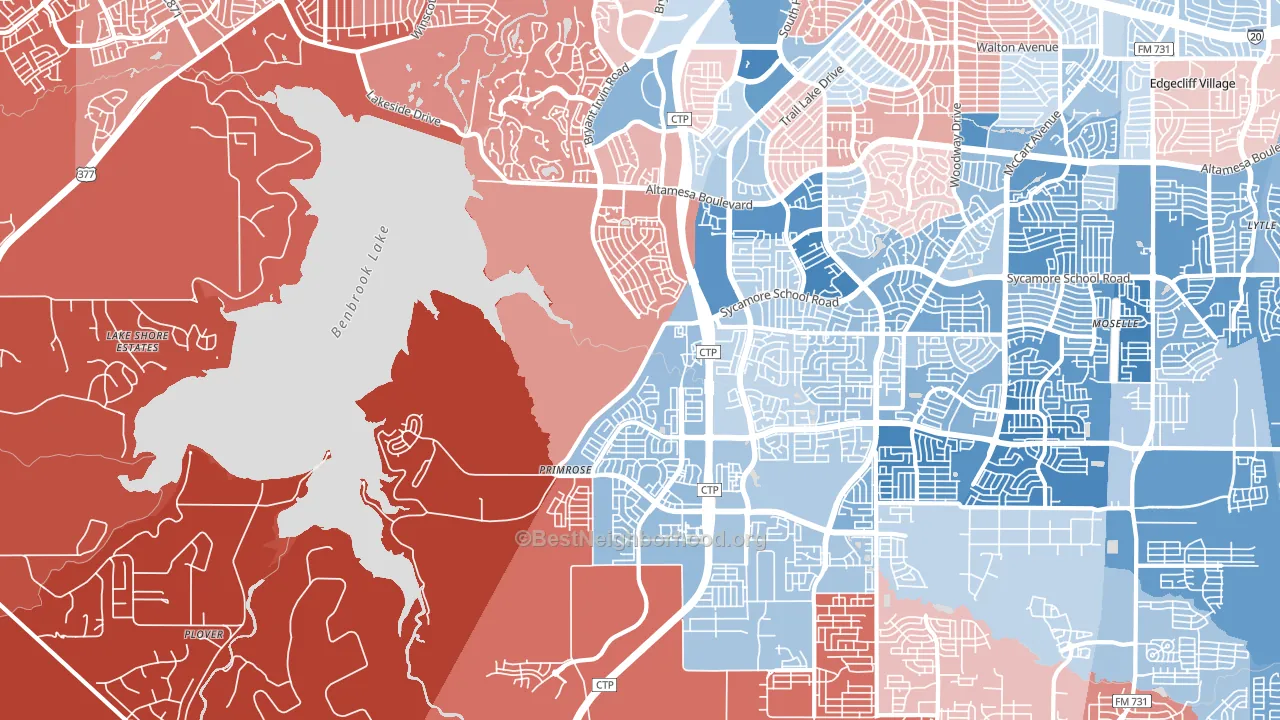 Far Southwest, Fort Worth, TX block-group political-lean map