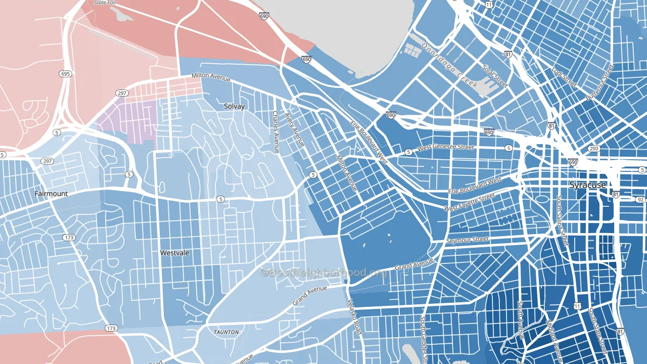Far Westside, Syracuse, NY block-group political-lean map