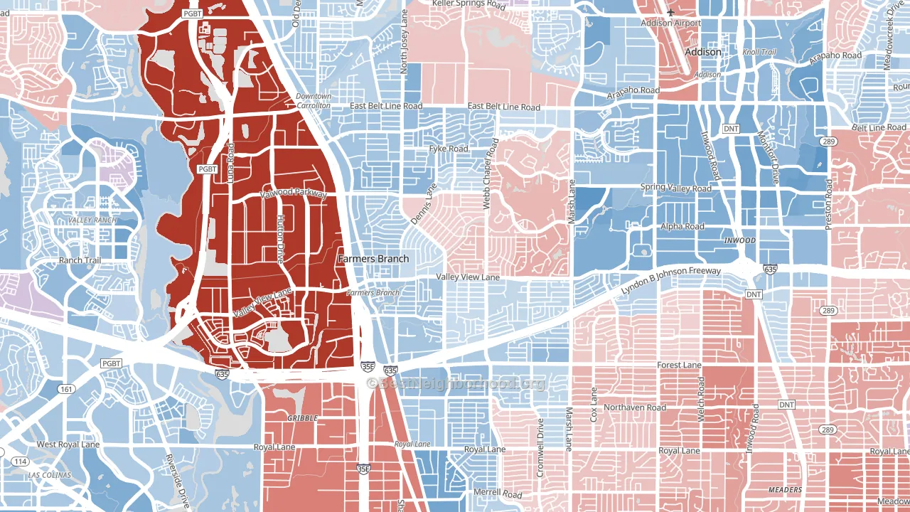 Farmers Branch, TX block-group political-lean map