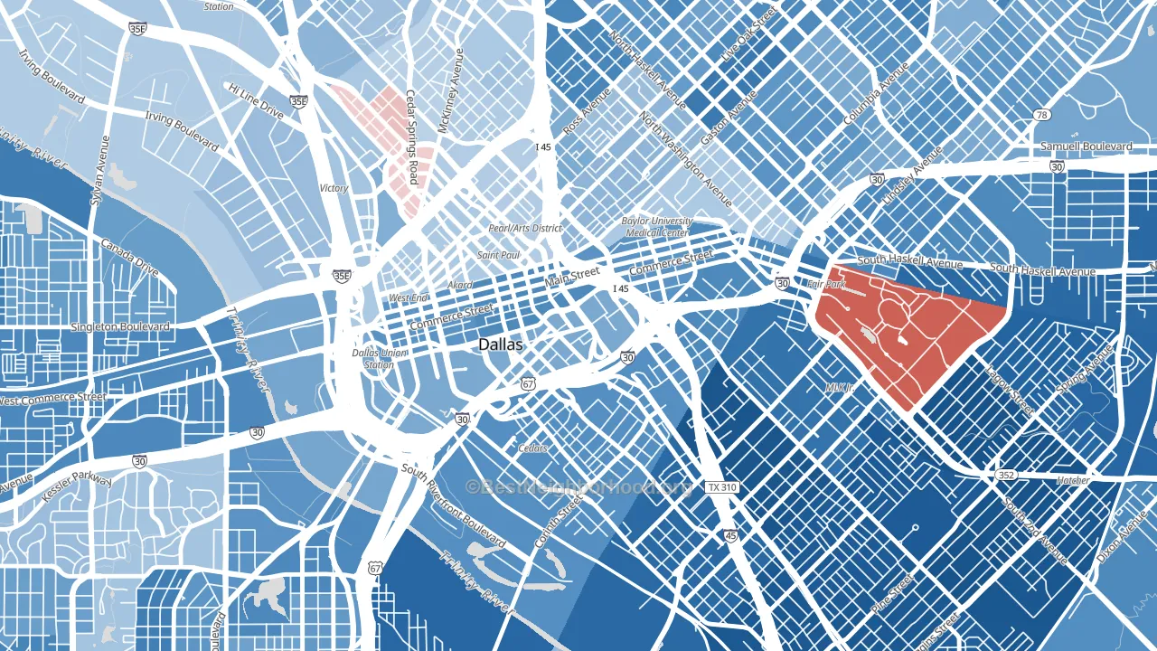 Farmers Market District, Dallas, TX block-group political-lean map