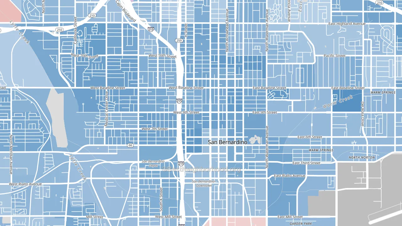 Feldheym, San Bernardino, CA block-group political-lean map