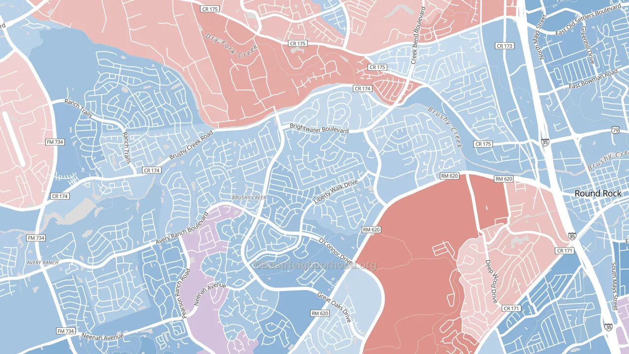 Fern Bluff, Brushy Creek, TX block-group political-lean map