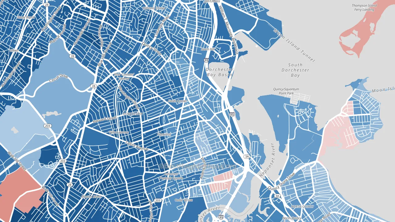 Fields Corner, Boston, MA block-group political-lean map