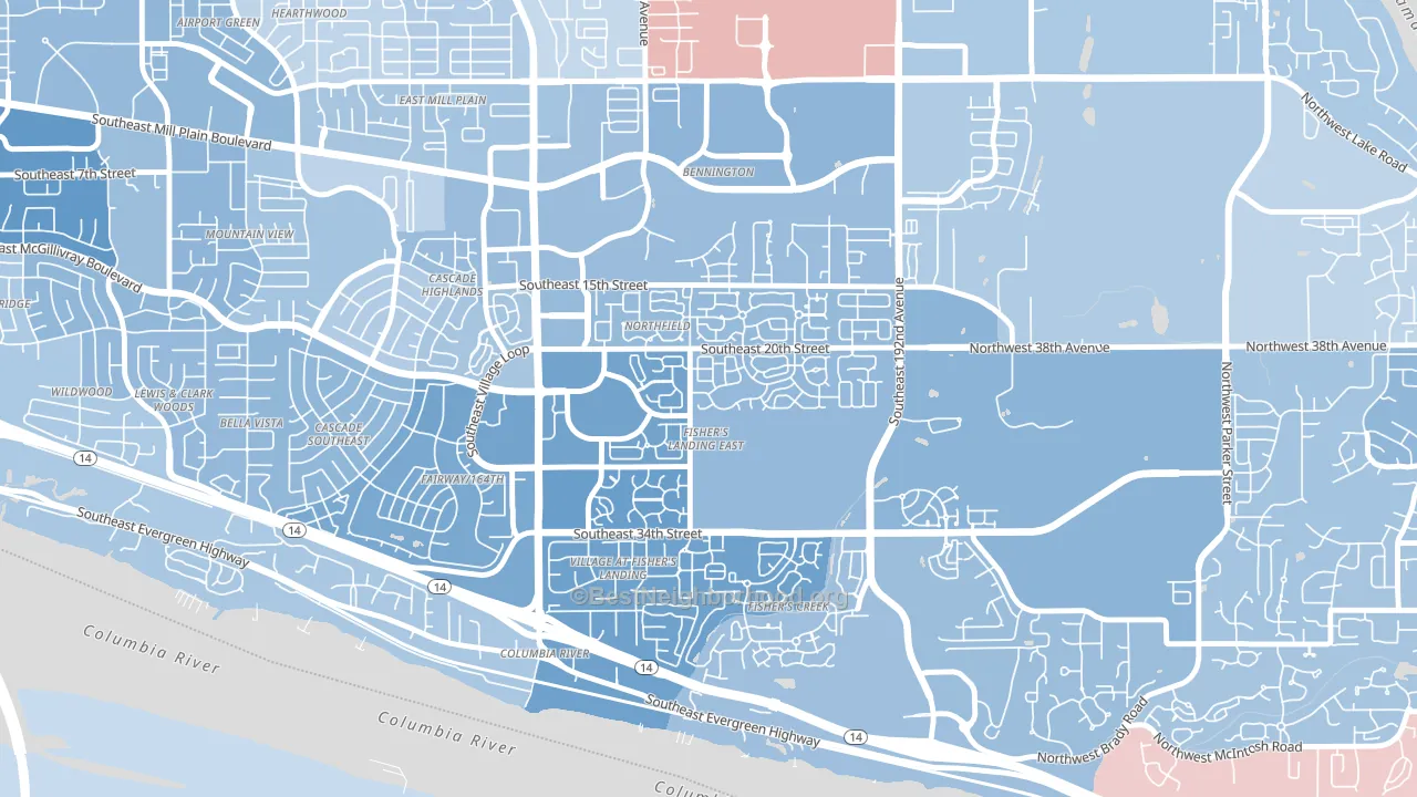 Fishers Landing East, Vancouver, WA block-group political-lean map