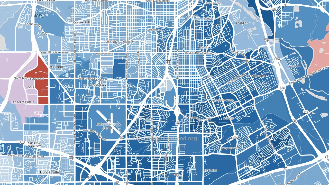 Five Mile Creek, Dallas, TX block-group political-lean map