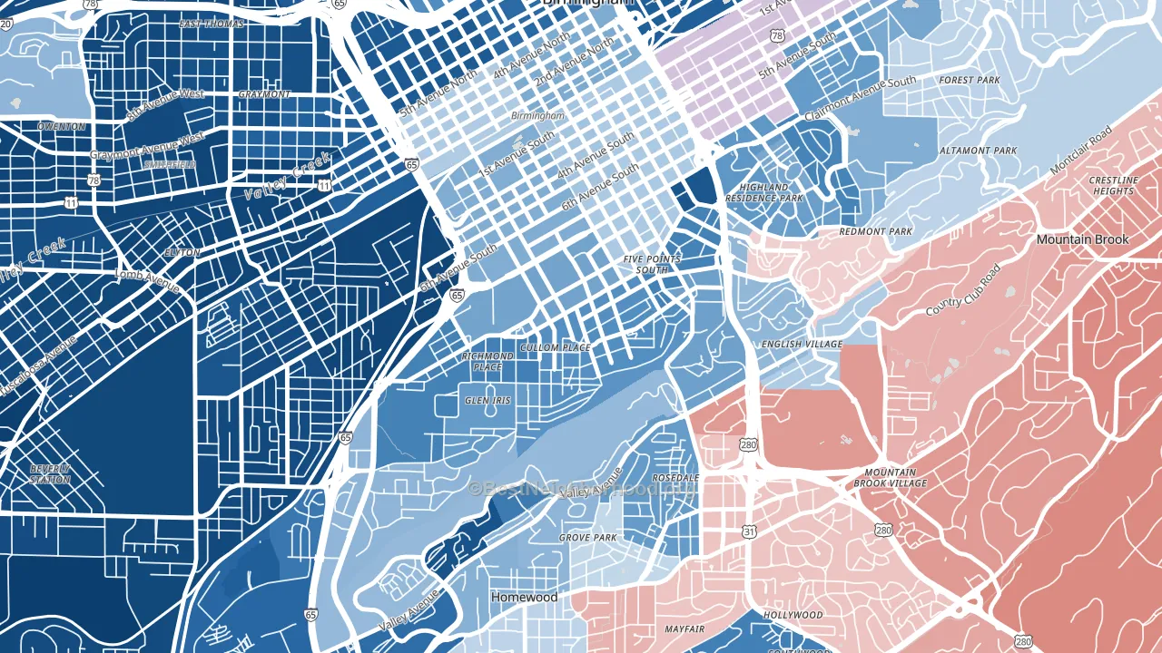Five Points South, Birmingham, AL block-group political-lean map