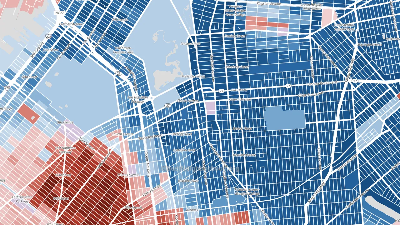 Flatbush-Ditmas Park, Brooklyn, NY block-group political-lean map