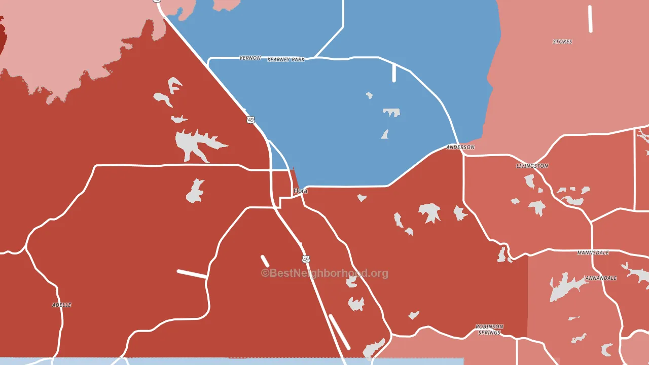 Flora, MS block-group political-lean map