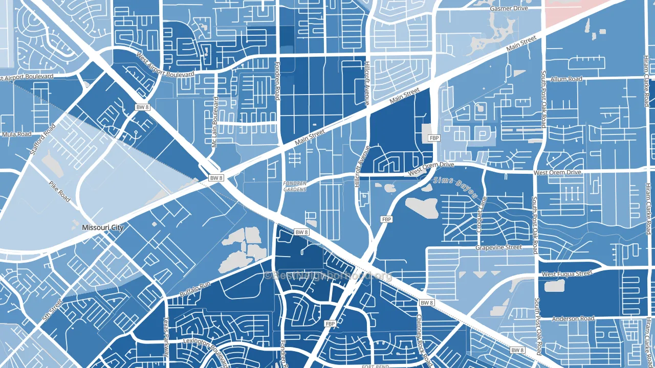 Fondren Gardens, Houston, TX block-group political-lean map