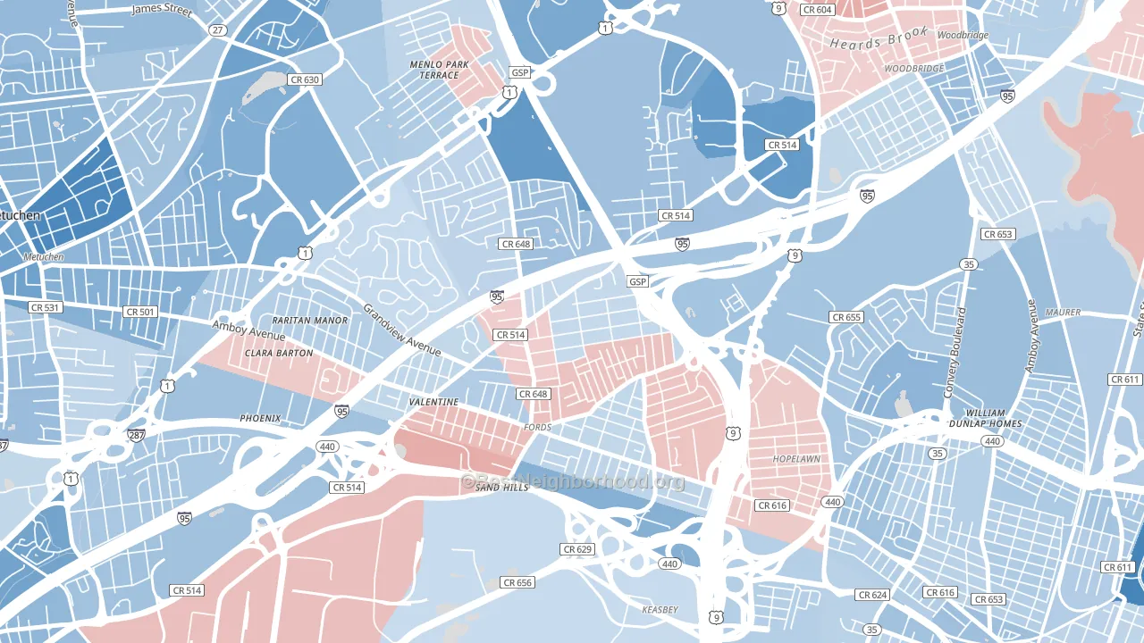 Fords, NJ block-group political-lean map