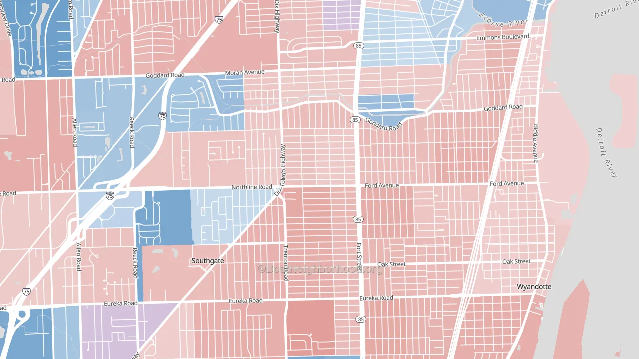 Fordville, Southgate, MI block-group political-lean map