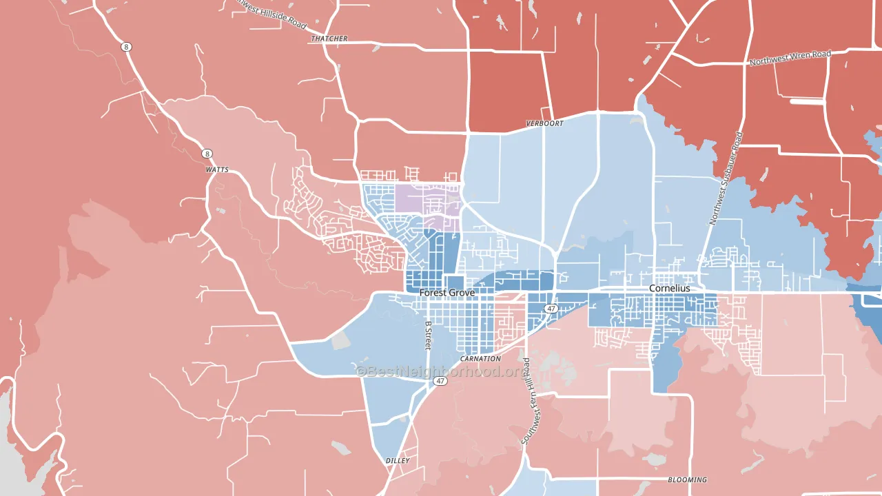 Forest Grove, OR block-group political-lean map
