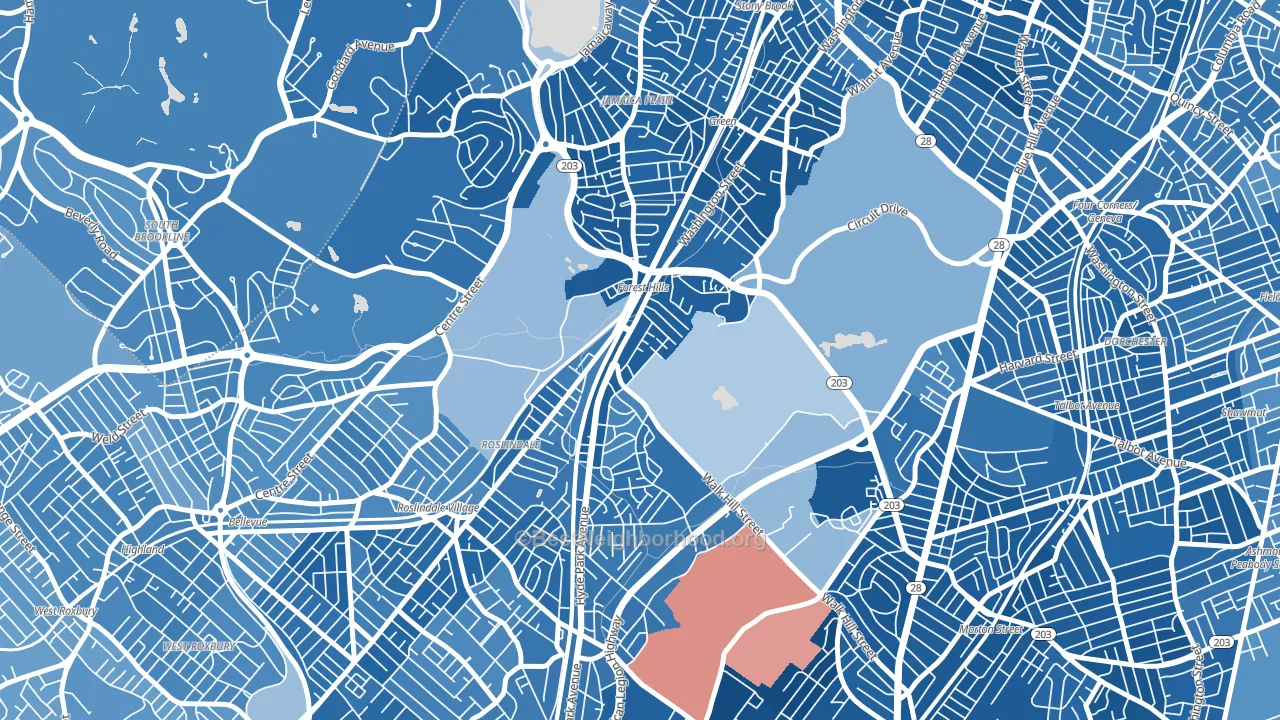 Forest Hills, Jamaica Plain, MA block-group political-lean map