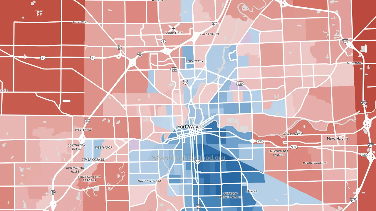 Fort Wayne, IN block-group political-lean map