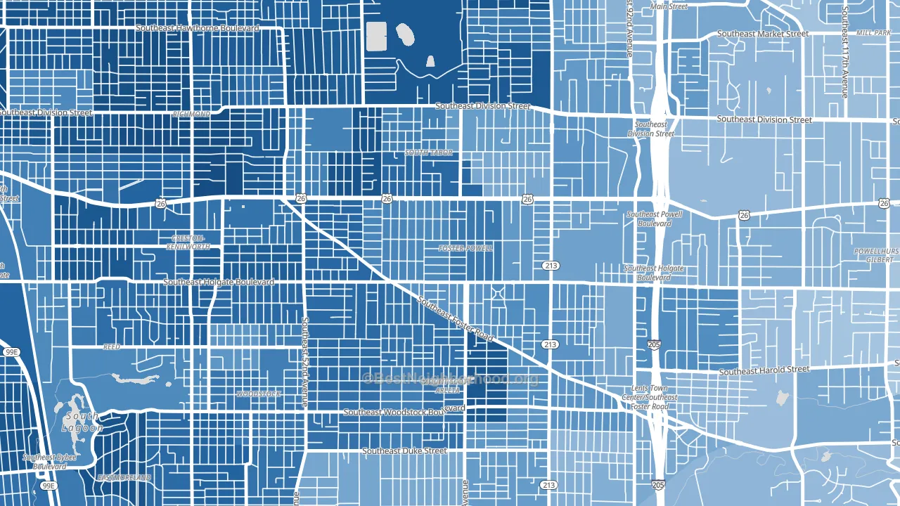 Foster-Powell, Portland, OR block-group political-lean map