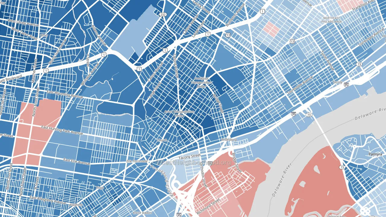 Frankford, Philadelphia, PA block-group political-lean map