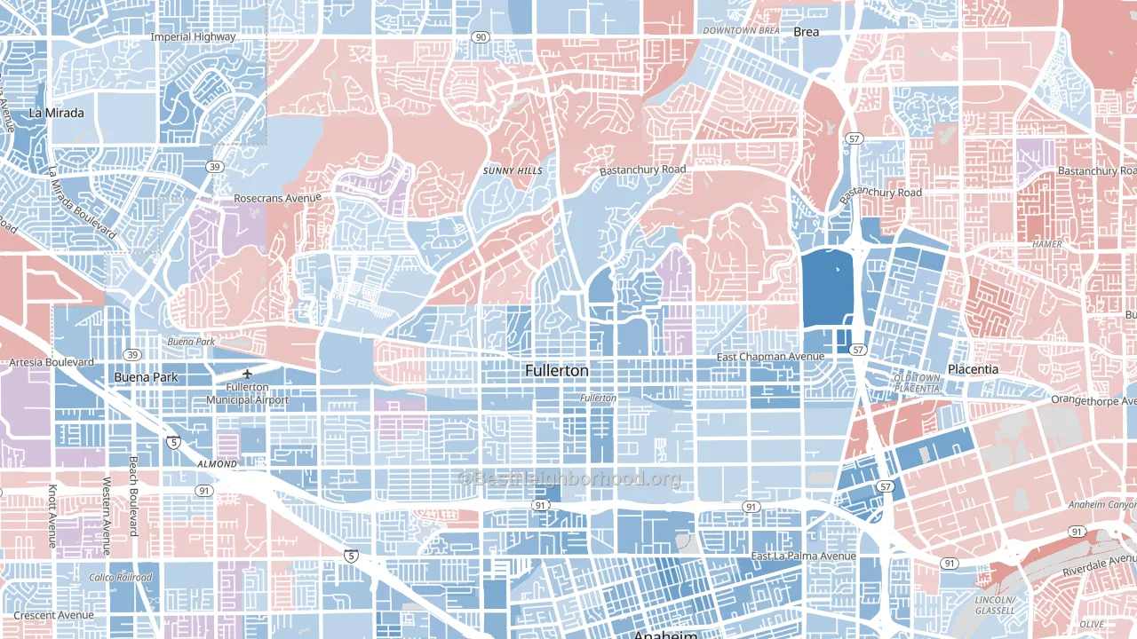 Fullerton, CA block-group political-lean map
