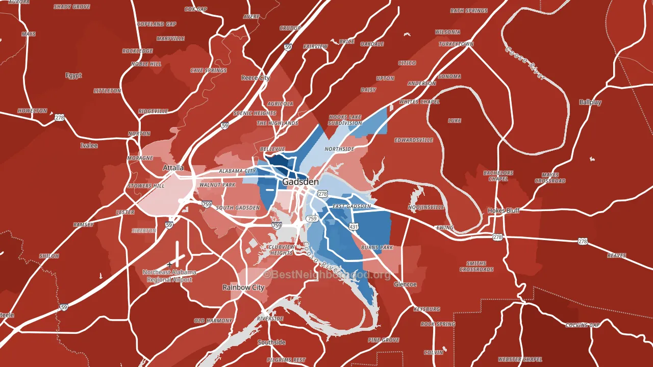 Gadsden, AL block-group political-lean map