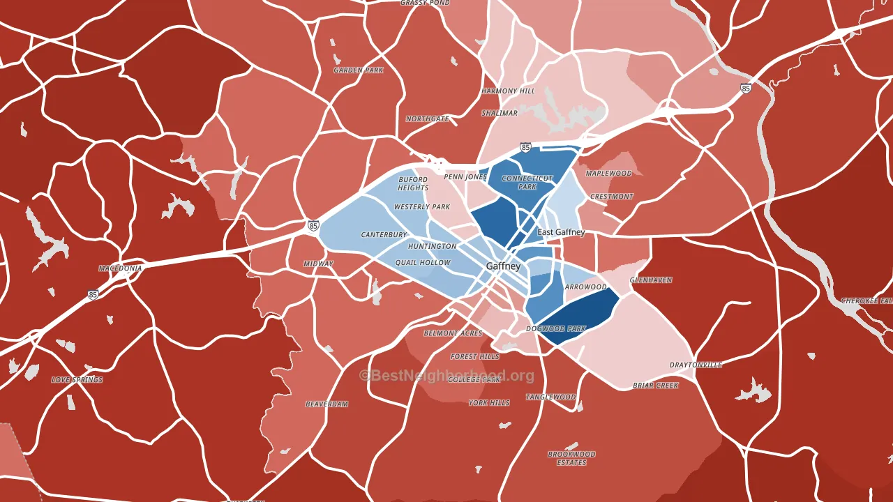 Gaffney, SC block-group political-lean map