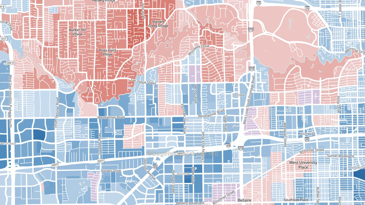 Galleria-Uptown, Houston, TX block-group political-lean map