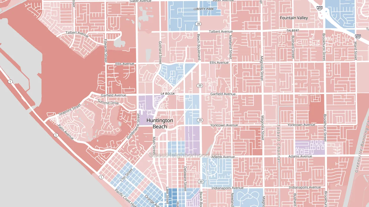 Garfield, Huntington Beach, CA block-group political-lean map