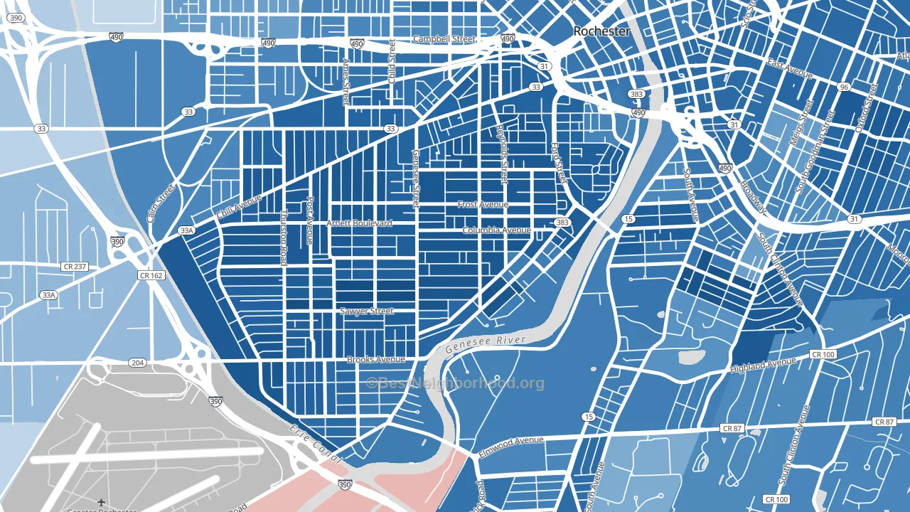Genesee-Jefferson, Rochester, NY block-group political-lean map