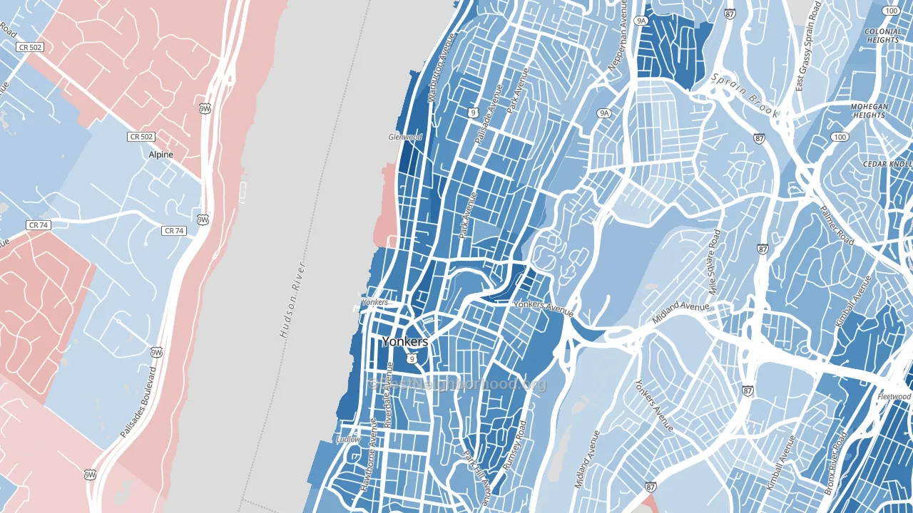 Getty Square, Yonkers, NY block-group political-lean map