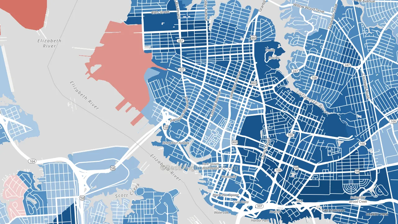 Ghent, Norfolk, VA block-group political-lean map
