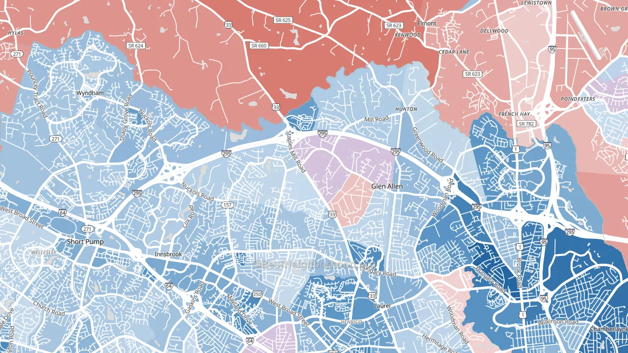 Glen Allen, VA block-group political-lean map
