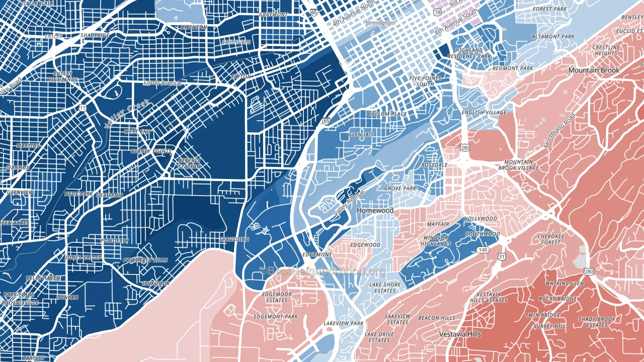 Glen Iris, Birmingham, AL block-group political-lean map