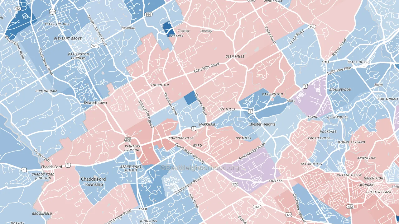 Glen Mills, PA block-group political-lean map