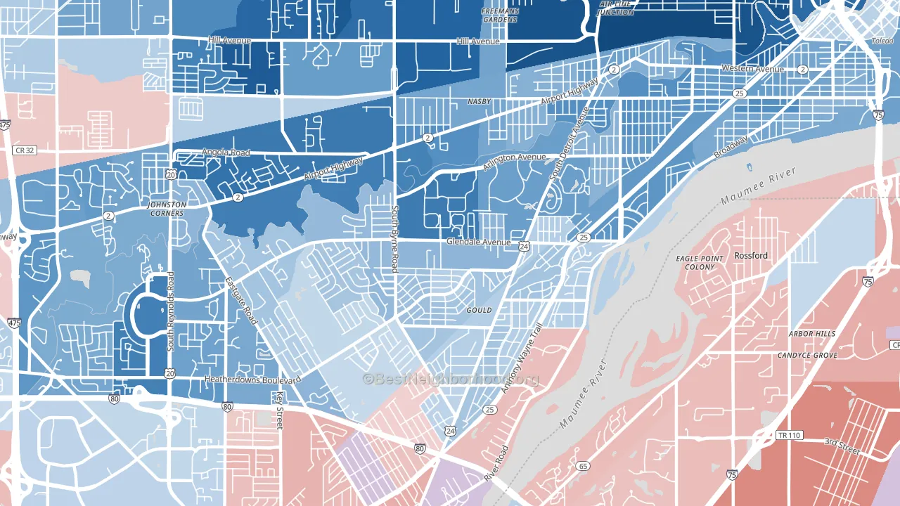 Glendale-Heatherdowns, Toledo, OH block-group political-lean map